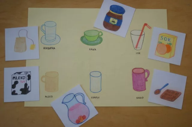 układanka przedstawiająca napoje oraz różnego kształtu naczynia służące do picia - głoska k